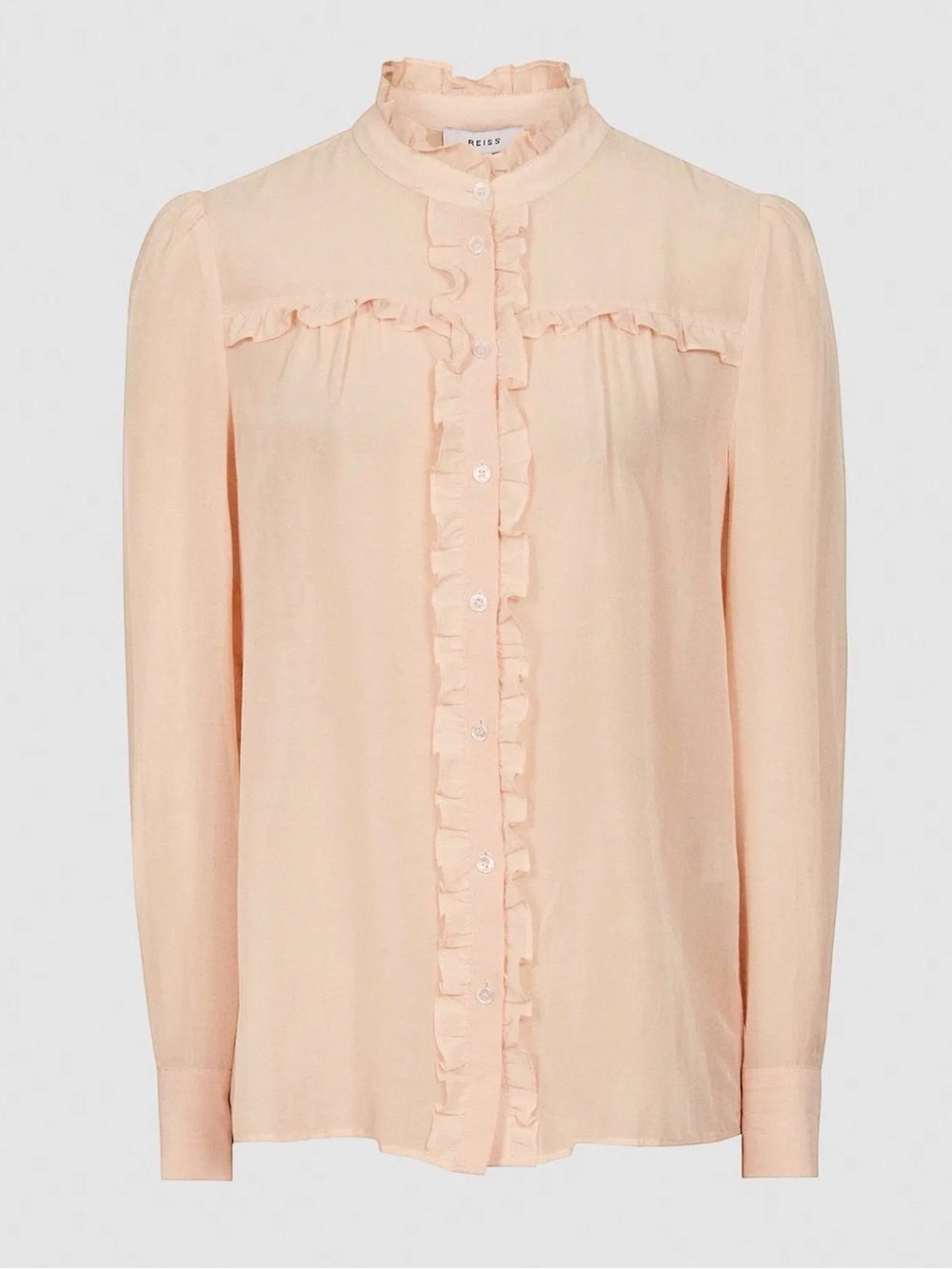 Reiss Jemma Silk Blend Ruffle Detail Button-Up Blouse in Blush Women’s Size 0
